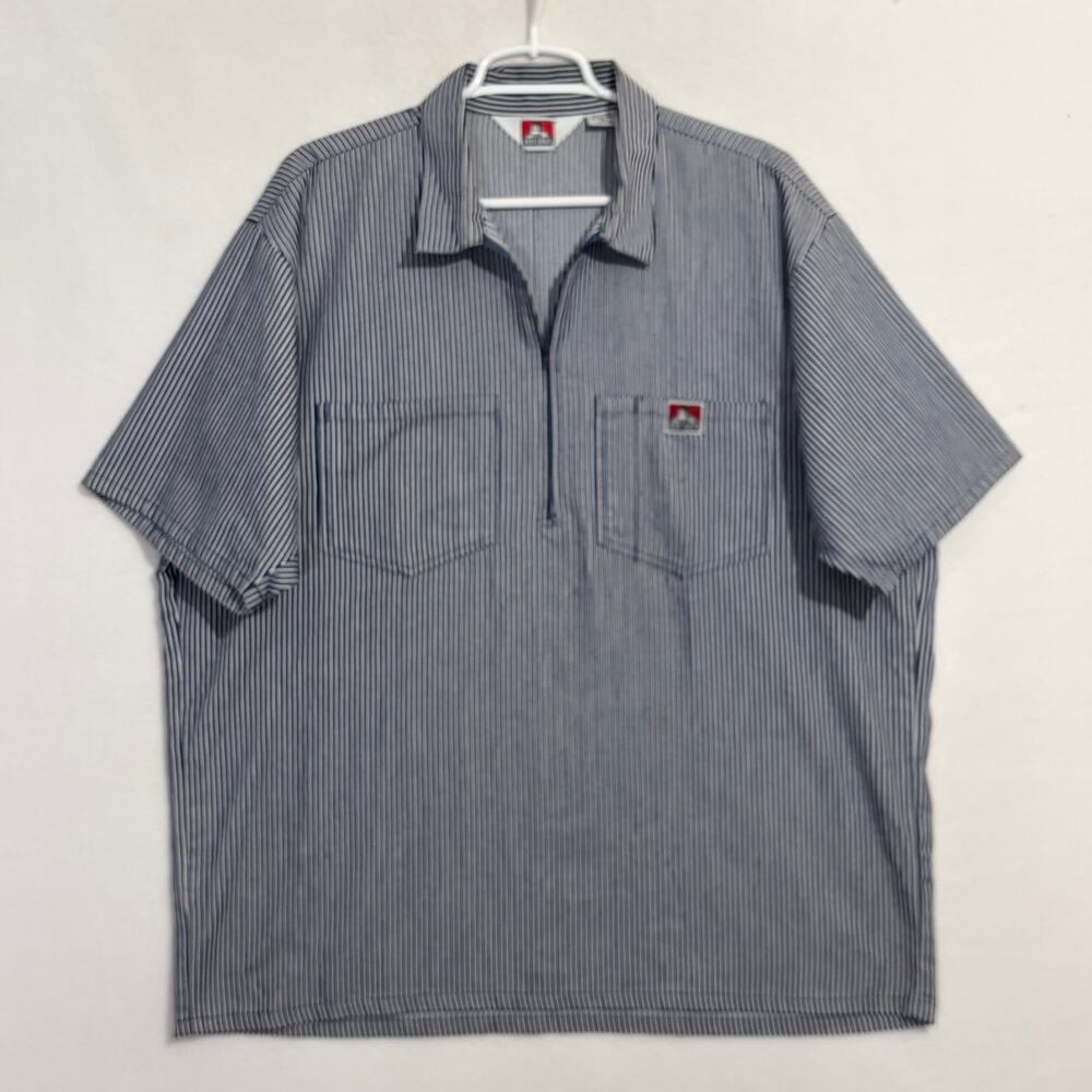 BEN DAVIS Mens Vtg Black White Pinstripe 1/4 Zip Short Sleeve Work Shirt XL USA